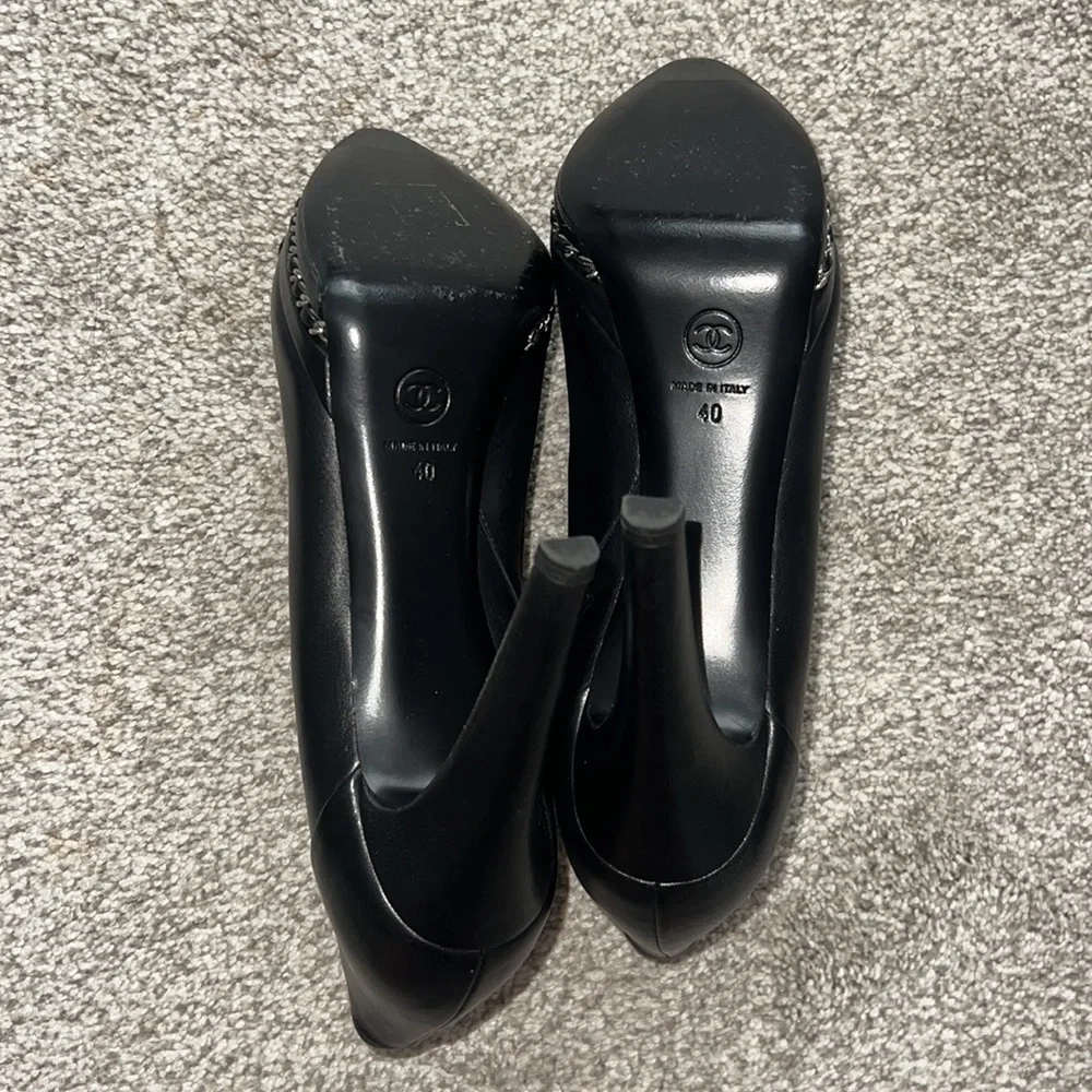 Lambskin CC Platform Cap Toe Chain Ankle Boots 40 Black - Picture 3 of 7